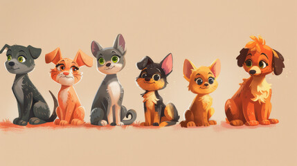 Animated image of five adorable puppy and kitty characters seated side by side, each with unique fur patterns and endearing expressions.