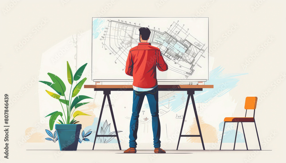 Aufkleber a man in a red jacket examining architectural blueprints on a drafting table in a well-lit room with