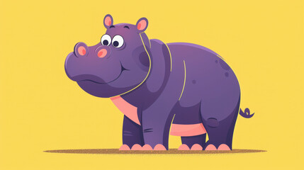 A cute cartoon illustration of a purple hippopotamus standing against a yellow background, featuring a friendly expression and simplistic, child-friendly art style.