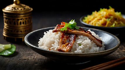 Fototapeta premium Bai Sach Chrouk Grilled pork slice with rice, a traditional Cambodian dish