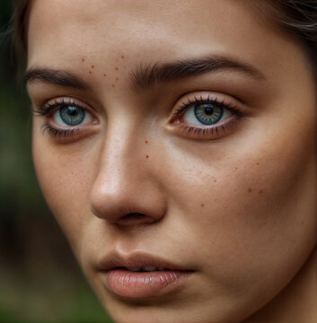 Close-up von einer Frau mit strahlend blauen Augen, hohen Wangenknochen und Muttermalen 