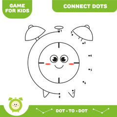 Dot to dot educational game for preschool kids. Activity worksheet. Alarm clock