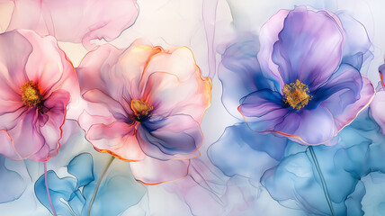 Close up of beautiful summer flowers in colorful pastel blue, pink, purple and gold. Marble Floor Texture. Particle pattern. Interior marble for floor.