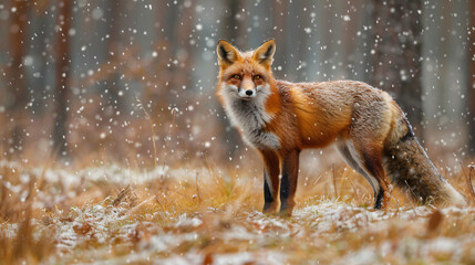 Naklejka na ściany i meble Red fox Vulpes Vulpes on winter forest meadow
