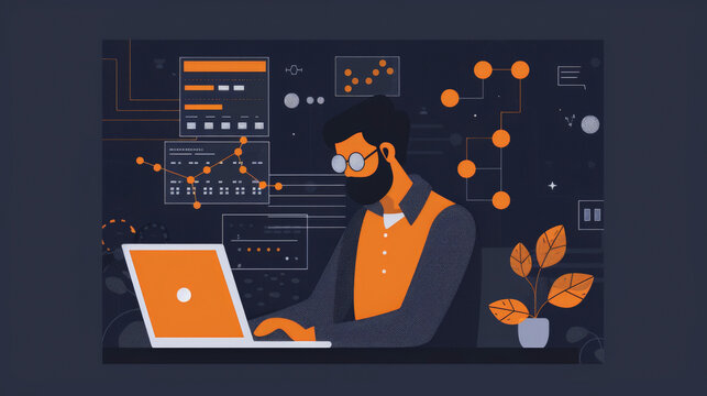 Illustration of a bearded man working on a laptop with data analytics and network connection graphics in the background, indicating a digital or tech workspace.