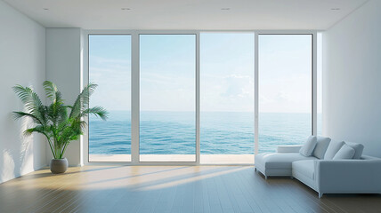 living room with large window overlooking the sea