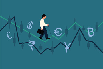 Businessman Navigating Financial Fluctuations. Fundamental Analysis and Currency Exchange Volatility.