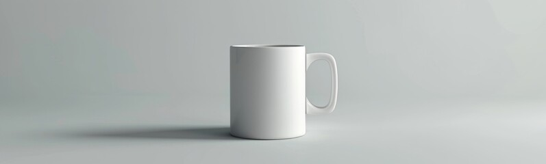 White cup sitting on a table with a gray background. Banner