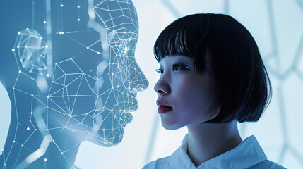 A beautiful girl with her digital avatar concept