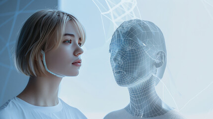 A beautiful girl with her digital avatar concept