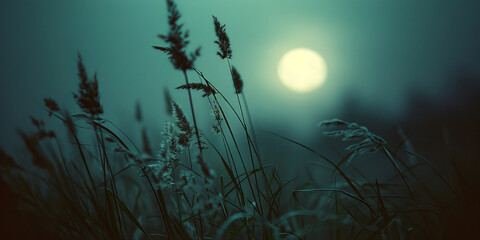Closeup of grass and reed silhouettes and shiny blurry full moon in the background, mystical nature by night.