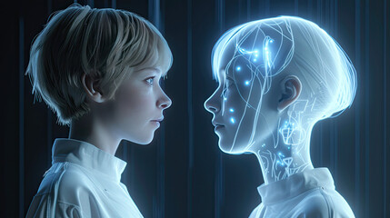 A beautiful girl with her digital avatar concept