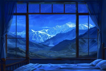 Panoramic Mountain View from a Snowy Window