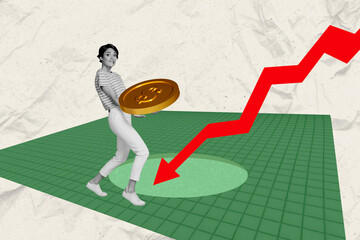 Collage young woman carry huge golden coin dynamic arrow chart falling economy inflation devaluation crisis checkered background