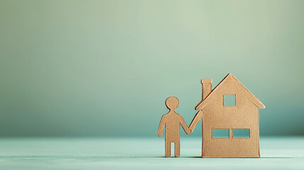 Isolated cardboard house with a silhouette of a man, background postcard for sale and rental of suburban real estate