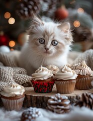 little cute kitten playing with a christmas tree.