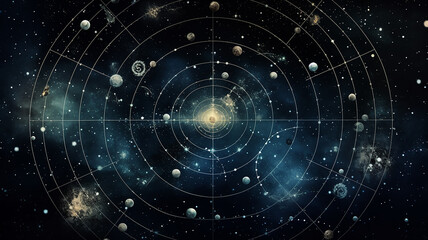 A diagram of the movement of the planets, a dark blue astrological map of the cosmos