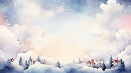Naklejka premium Winter landscape with houses in the middle of the forest on the background of clouds, Christmas greeting card