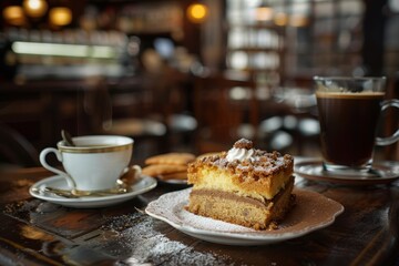 A plate of cake with powdered sugar on top sits on a table next to a cup of coffee