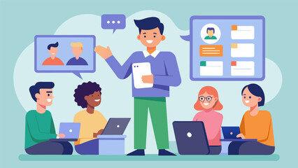 The instructor leads a discussion on the importance of consent and permission when sharing photos or information online.. Vector illustration