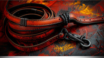 A red leash with a black buckle is on a red background