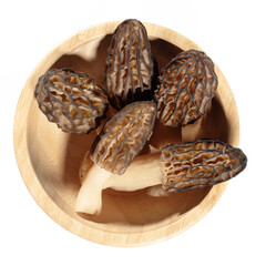 Freshly clean picked morels in wooden bowl top view white background closeup
