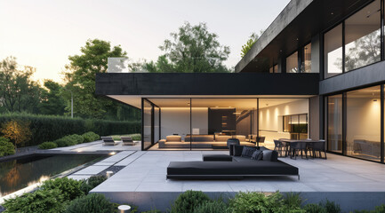 Modern garden with a pool and seating area, a glass house in the background, overlooking a green...