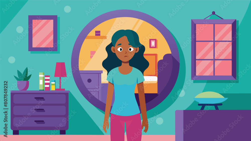 Aufkleber a teens bedroom with a funky mirror that twists the image of a confident stylish girl into a distort