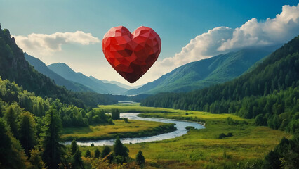 red balloon heart at a big landscape, cartoon art 2
