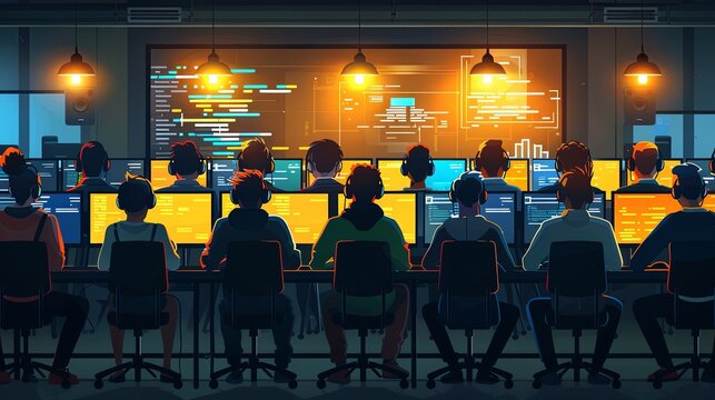 Many programmers are sitting and typing code into a computer screen.