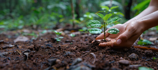 Hands cradling soil with a young sapling, against a deforested backdrop, embodying hope and the potential for reforestation to heal landscapes