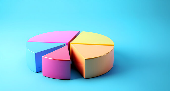 A colorful pie chart is divided into six slices. The slices are blue, green, red, yellow, orange, and purple. Abstract business pie chart made from colored parts. Business pie chart graphics