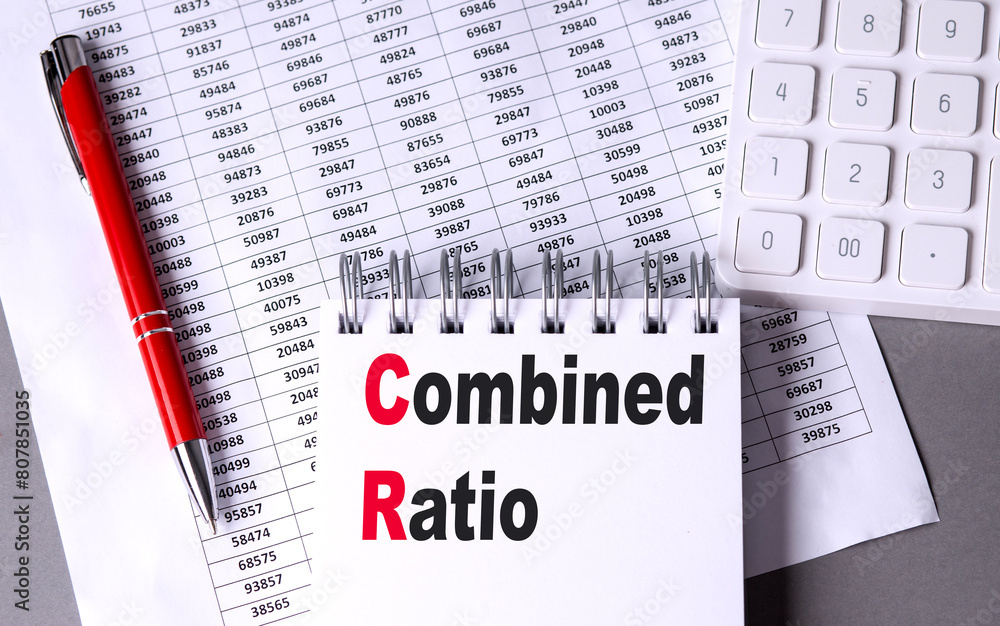 Poster combined ratio text on notebook with chart , pen and calculator
