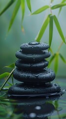 Photo of black stones stacked on top of each other with bamboo leaves in the background