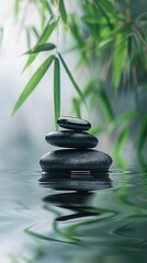 Naklejka premium Photo of black stones stacked on top of each other with bamboo leaves in the background