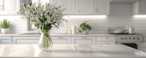 empty table mockup behind flowers against the background of a minimalist kitchen interior