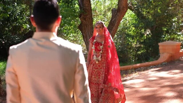 Indian Hindu Groom And Bride Walking Towards Each Other - Close Up