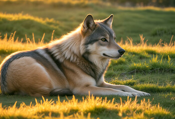 In the soft glow of the setting sun, a beautiful wild wolf sits regally amidst the gently swaying grasses of the meadow. With an air of calm confidence, it surveys its surroundings.