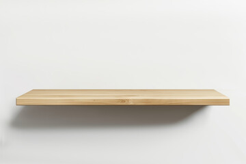 empty wooden shelf mockup in interior hanging on white wall
