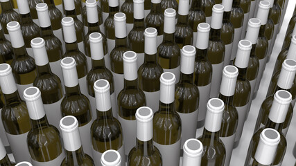 Wine bottles with blank labels top view. 3d illustration