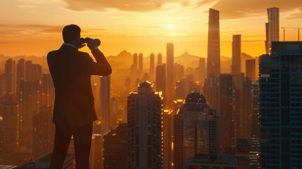Silhouette of a Businessman Gazing at City Skyline Through Binoculars