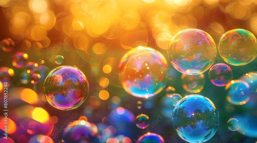 Poster Multiple vivid soap bubbles in various sizes and colors drift through the air, creating a whimsical and vibrant spectacle
