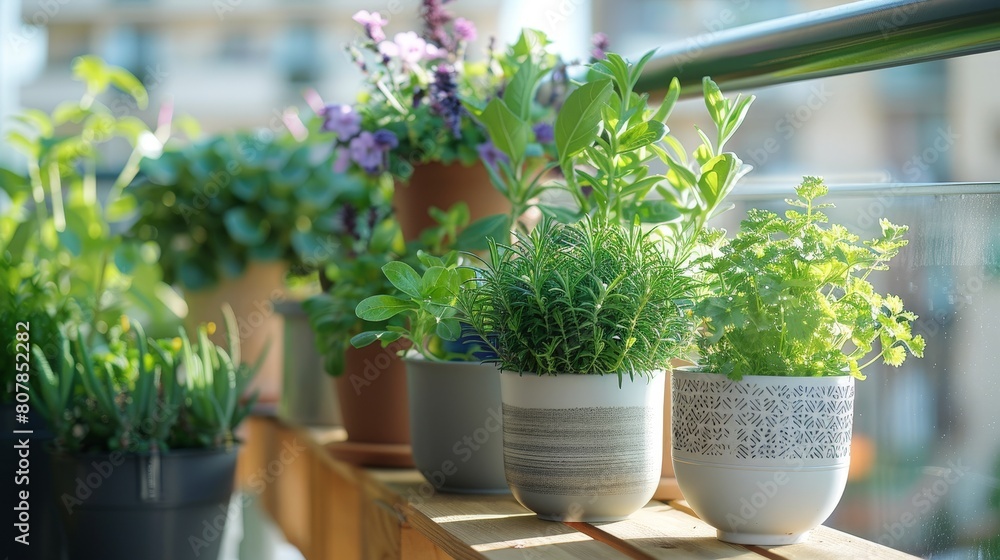 Sticker Various potted herbs are placed on a balcony railing, receiving sunlight. Green plants sway gently in the wind