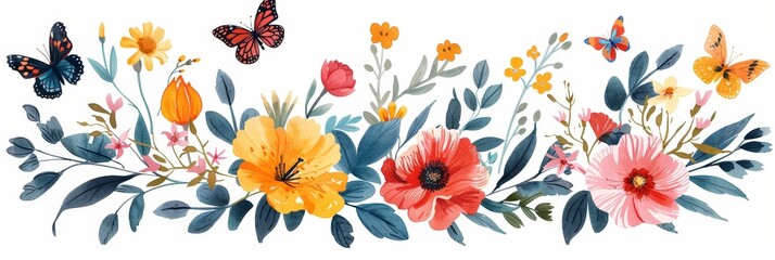 Colorful flowers and butterflies depicted in watercolor on a clean white background, showcasing vibrant hues and delicate details