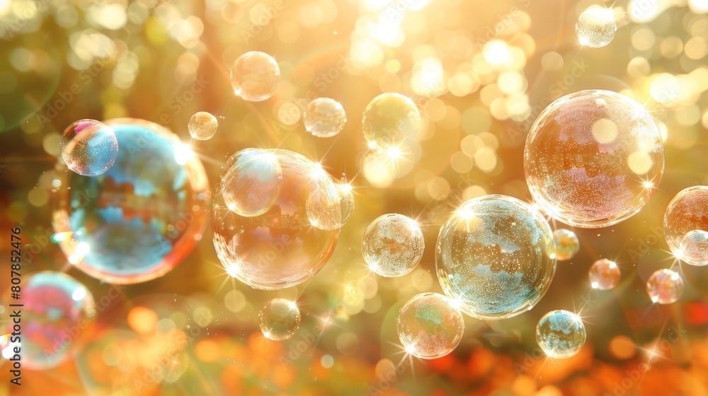 Poster Multiple soap bubbles float in the air, reflecting light and creating a whimsical scene