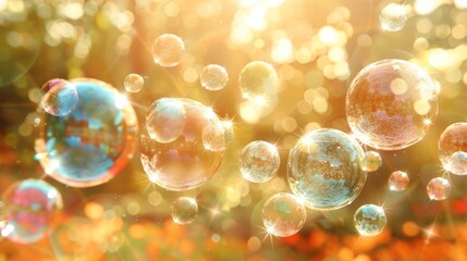 Multiple soap bubbles float in the air, reflecting light and creating a whimsical scene
