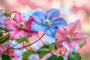 Vibrant blue and pink clematis flowers stand out against a softly blurred bokeh background