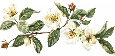 flowers, buds, leaves on white background, digital drawing, vintage watercolor style, vector