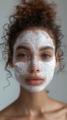 caucasian woman with curly hair and moisturizing face mask on the face, self-care at home, concept