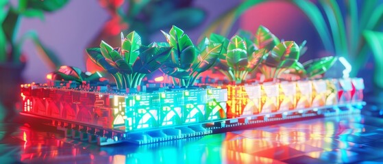 A motherboard adorned with glowing circuits and surrounded by sprouting plants, symbolizing a transformation of digital and organic technology